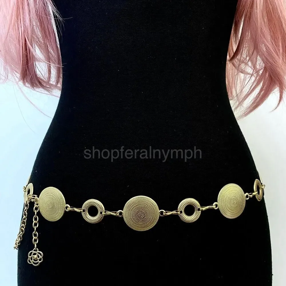 Gold Y2K Textured Disc Open Ring Waist Chain Belt, Fits 24-42 Inches, X7GA1359